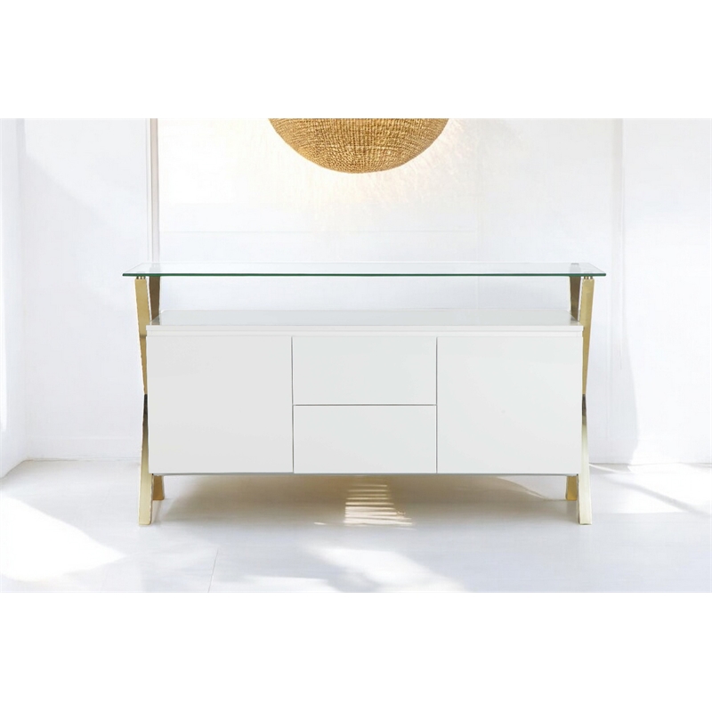 Pangea Home Beverly Modern Glass & Polished Steel Buffet in Gold/White and Clear