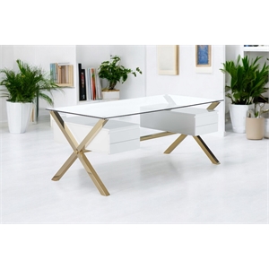 Pangea Home Beverly Large Glass & Polished Steel Desk in Gold/White and Clear