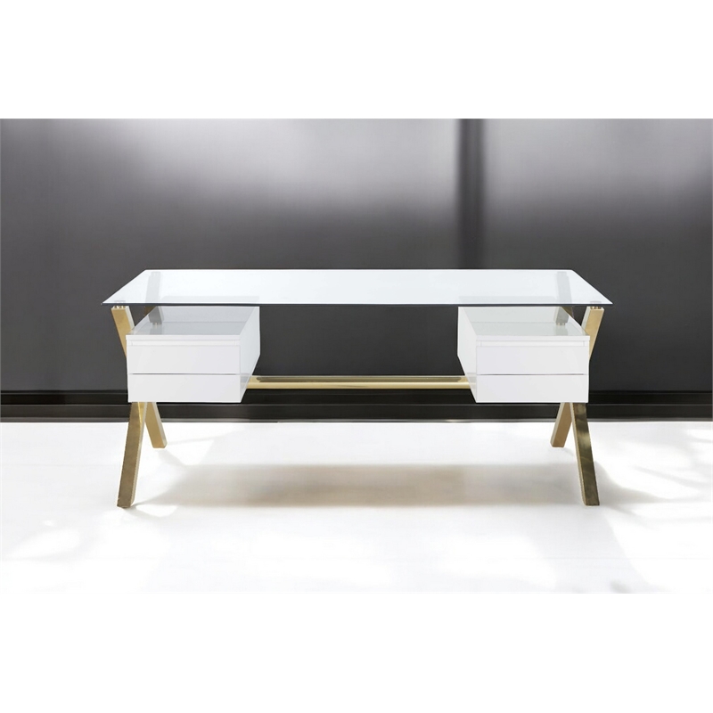 Pangea Home Beverly Large Glass & Polished Steel Desk in Gold/White and Clear