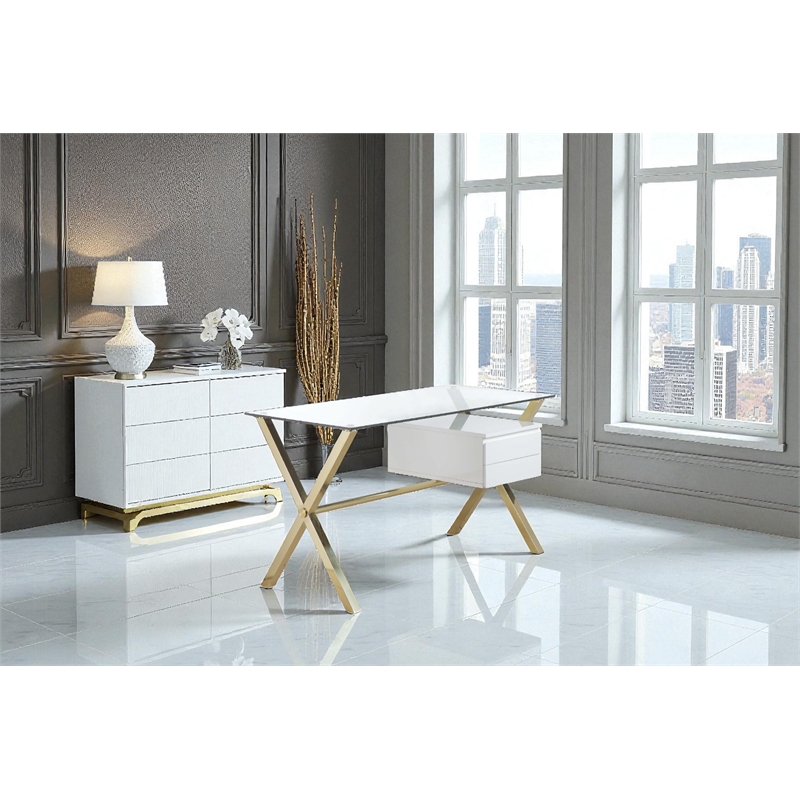 Pangea Home Beverly Small Glass & Polished Steel Desk in Gold/White and Clear