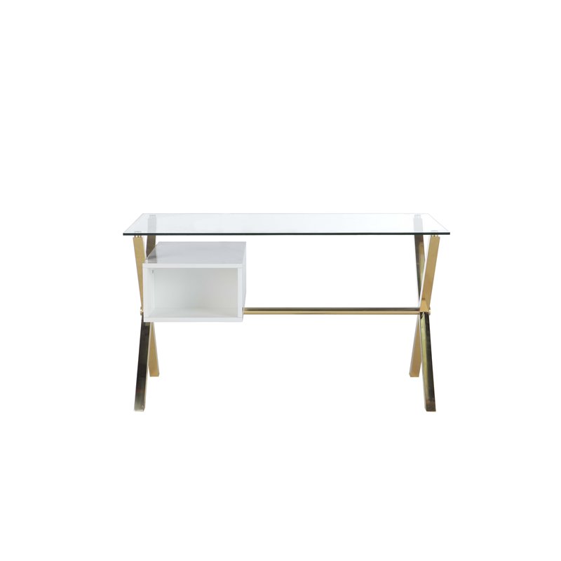 Pangea Home Beverly Small Glass & Polished Steel Desk in Gold/White and Clear