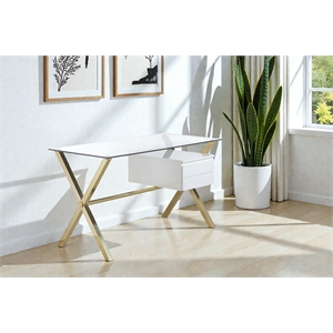 Pangea Home Beverly Small Glass & Polished Steel Desk in Gold/White and Clear