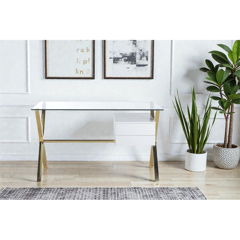 Pangea Home Beverly Small Glass & Polished Steel Desk in Gold/White and Clear