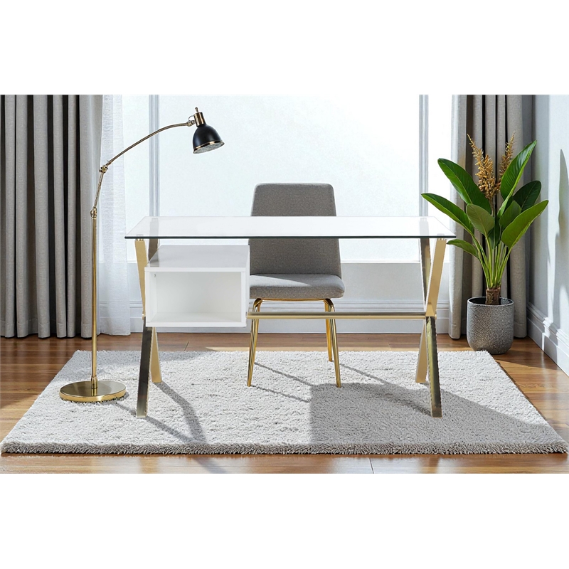Pangea Home Beverly Small Glass & Polished Steel Desk in Gold/White and Clear