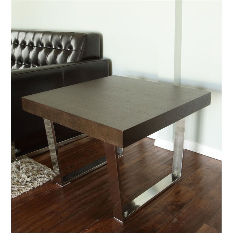 Pangea Home Sienna Modern Wood Veneer & Polished Steel Side Table in Espresso