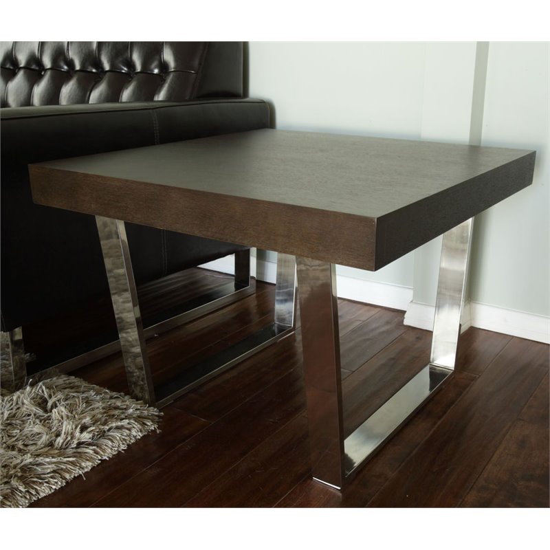 Pangea Home Sienna Modern Wood Veneer & Polished Steel Side Table in Espresso