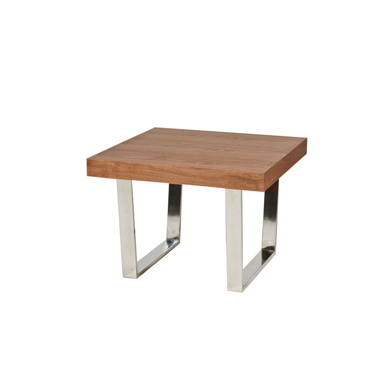 Pangea Home Sienna Modern Wood Veneer & High Polished Steel Side Table in Walnut