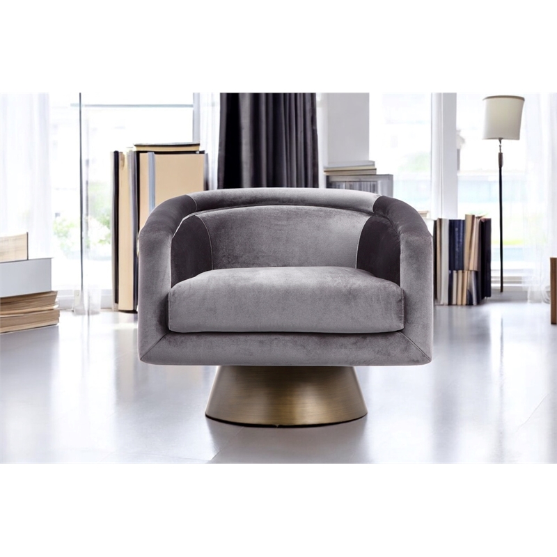 Pangea Home Audrina Swivel Velvet & Metal Lounge Chair in Brass & Gray