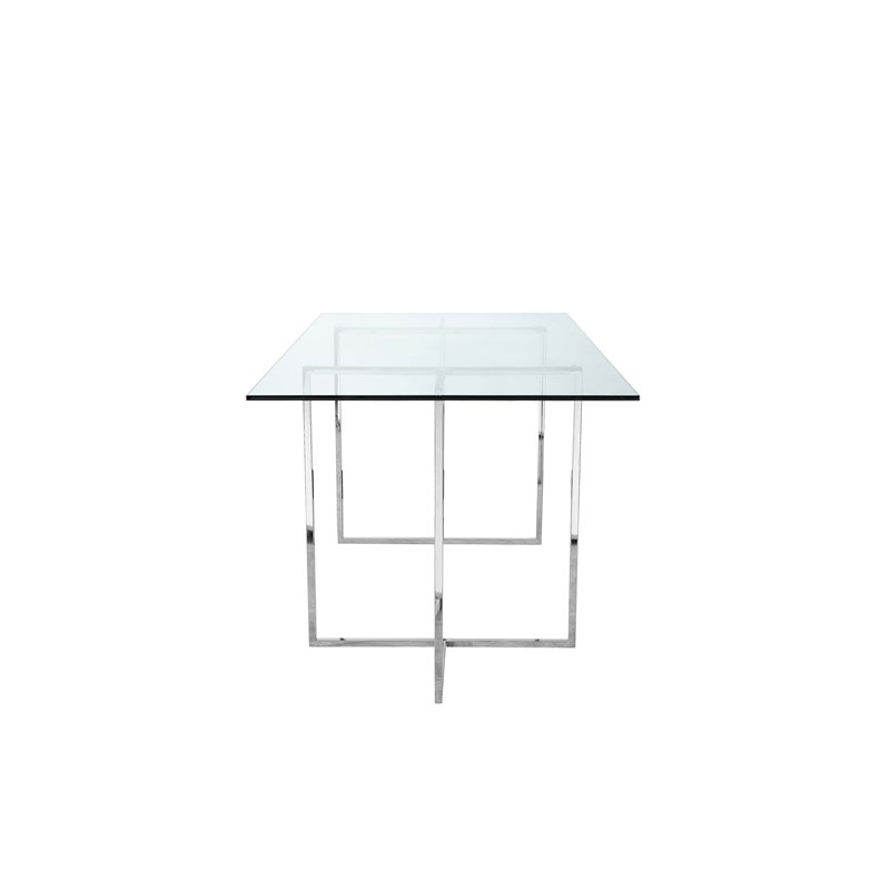 Pangea Home Adonis Modern Tempered Glass & Polished Steel Dining Table in Clear