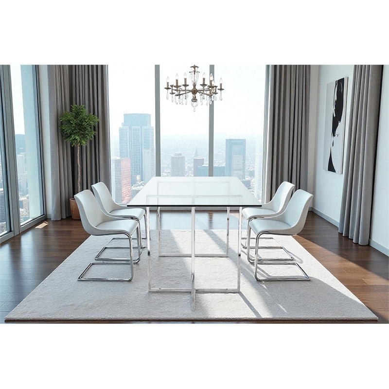 Pangea Home Adonis Modern Tempered Glass & Polished Steel Dining Table in Clear