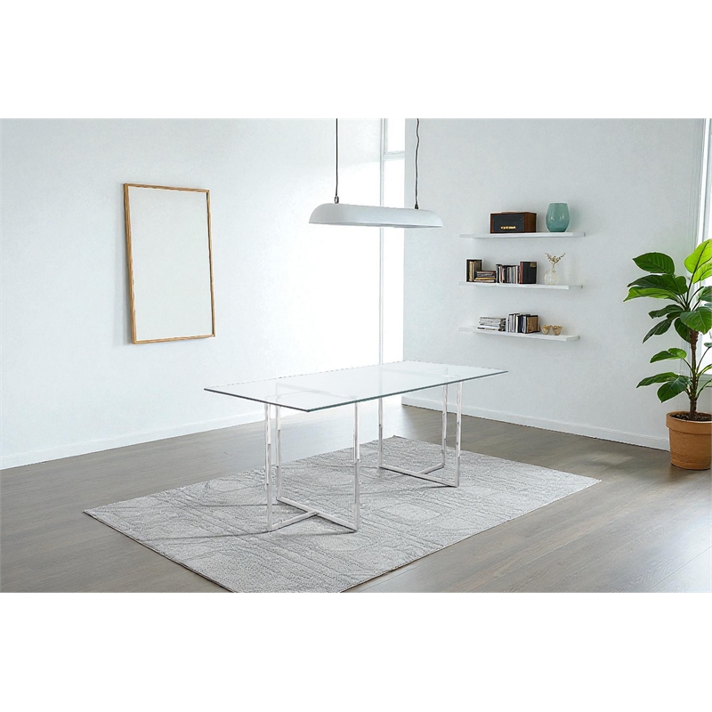 Pangea Home Adonis Modern Tempered Glass & Polished Steel Dining Table in Clear