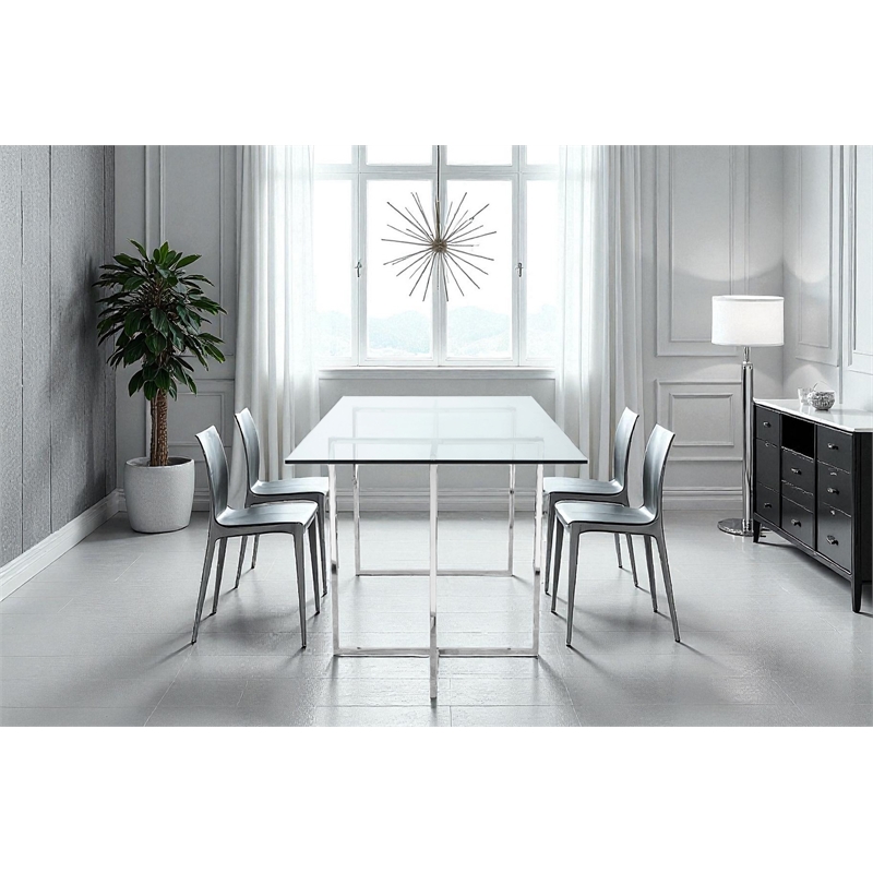Pangea Home Adonis Modern Tempered Glass & Polished Steel Dining Table in Clear