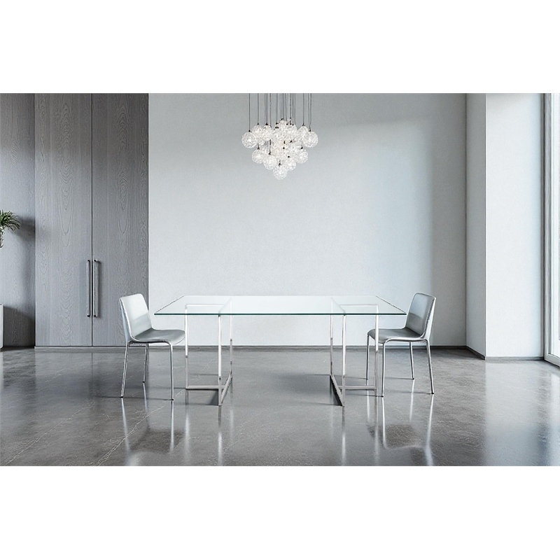 Pangea Home Adonis Modern Tempered Glass & Polished Steel Dining Table in Clear