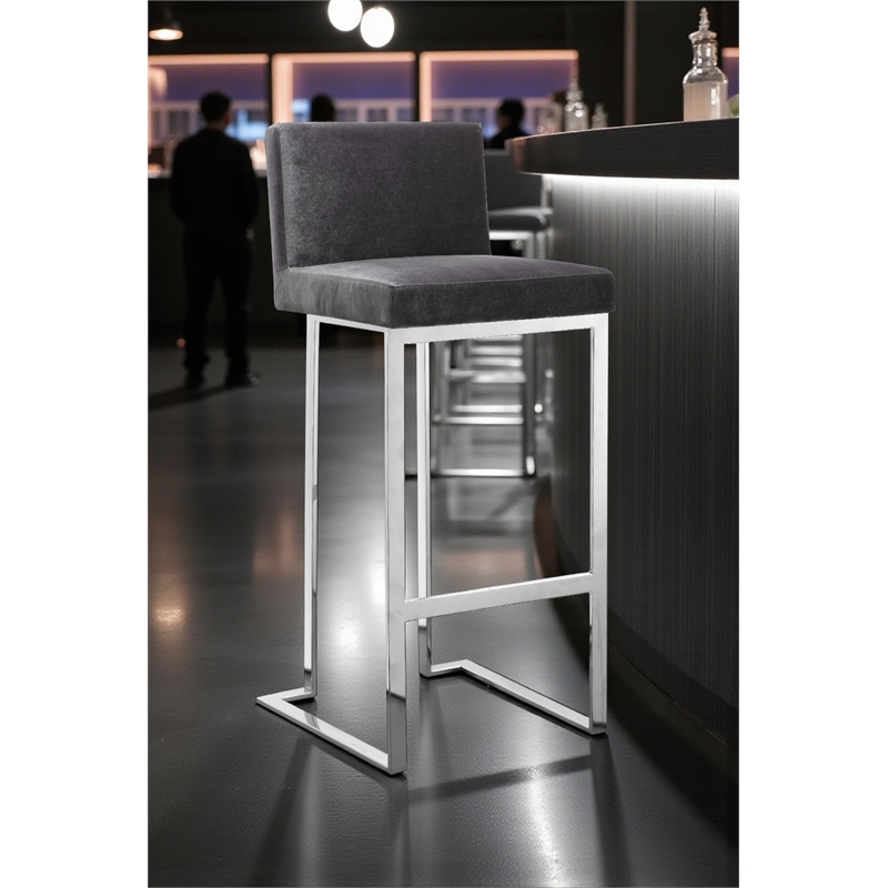 Pangea Home Velvet Bar Stool Chair in Gray - Square Seat & Footrest & Backrest