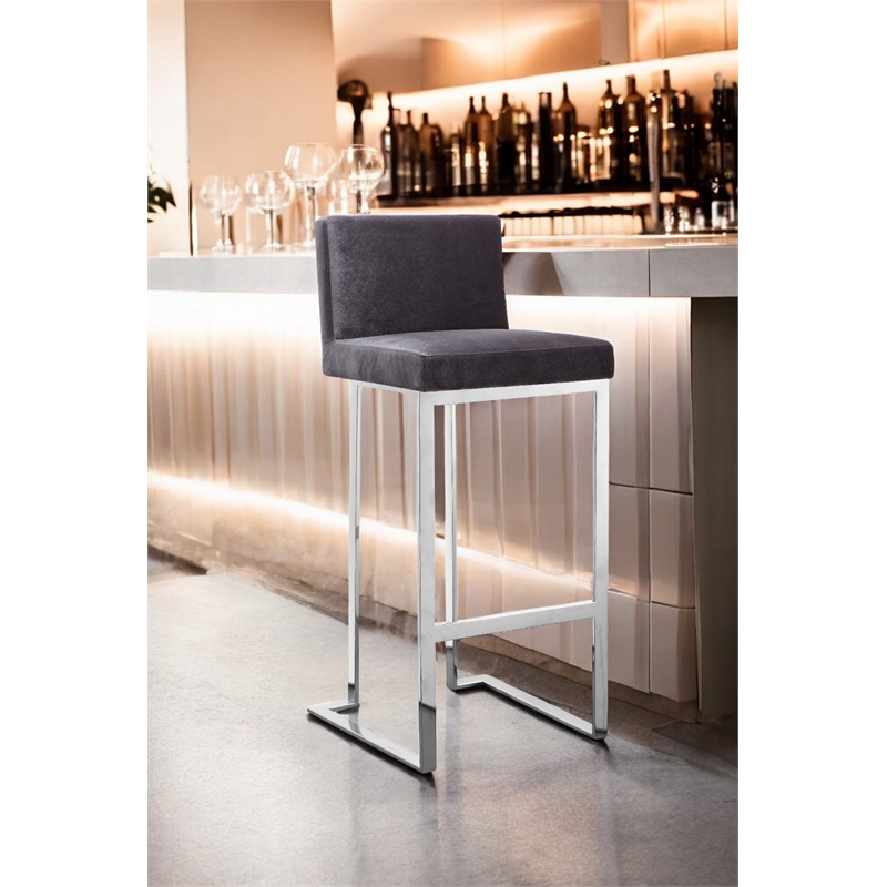 Pangea Home Velvet Bar Stool Chair in Gray - Square Seat & Footrest & Backrest