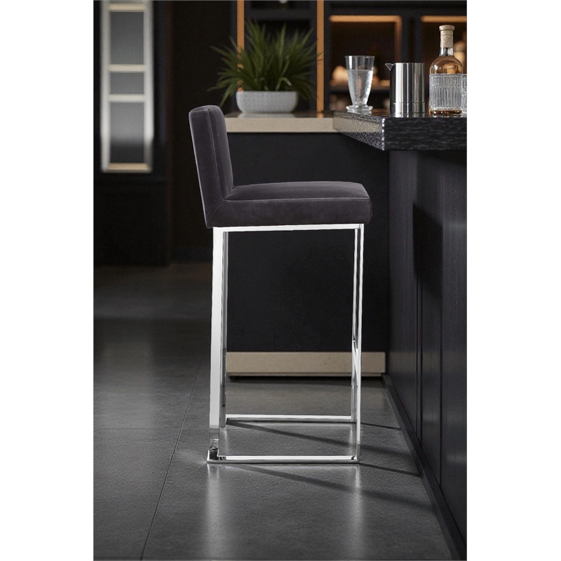 Pangea Home Velvet Bar Stool Chair in Gray - Square Seat & Footrest & Backrest