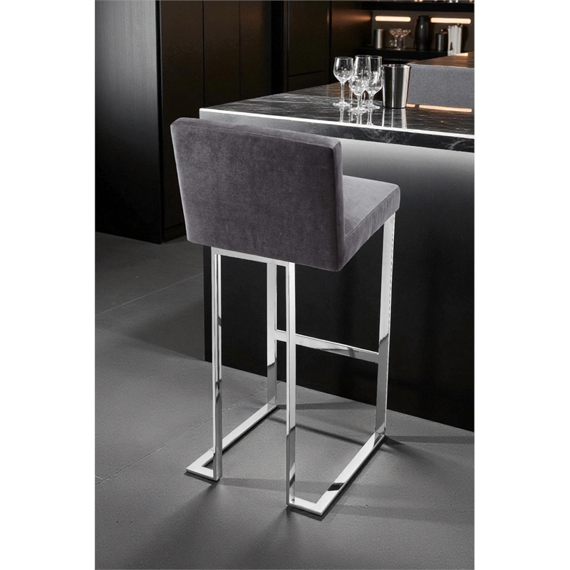 Pangea Home Velvet Bar Stool Chair in Gray - Square Seat & Footrest & Backrest