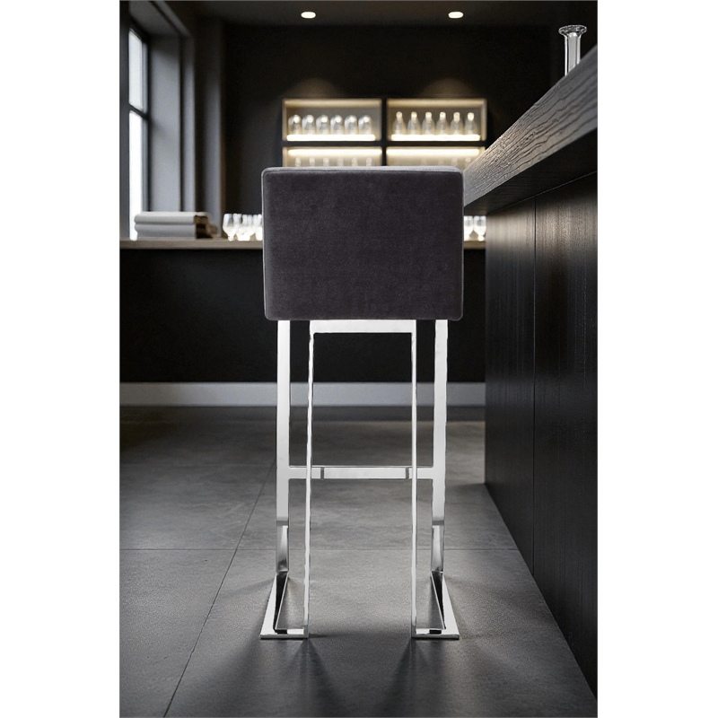 Pangea Home Velvet Bar Stool Chair in Gray - Square Seat & Footrest & Backrest