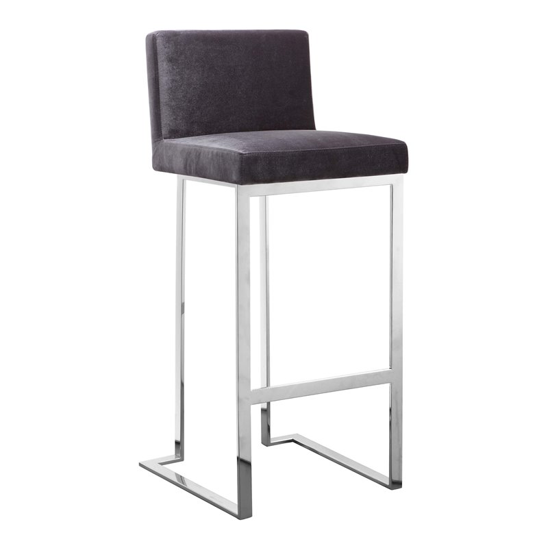 Pangea Home Velvet Bar Stool Chair in Gray - Square Seat & Footrest & Backrest