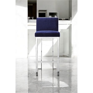 Pangea Home Dexter 30&quot Modern Velvet & High Polished Steel Bar Stool in Navy