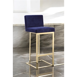 Pangea Home Dexter 30&quot Modern Velvet & Polished Steel Bar Stool in Navy/Gold