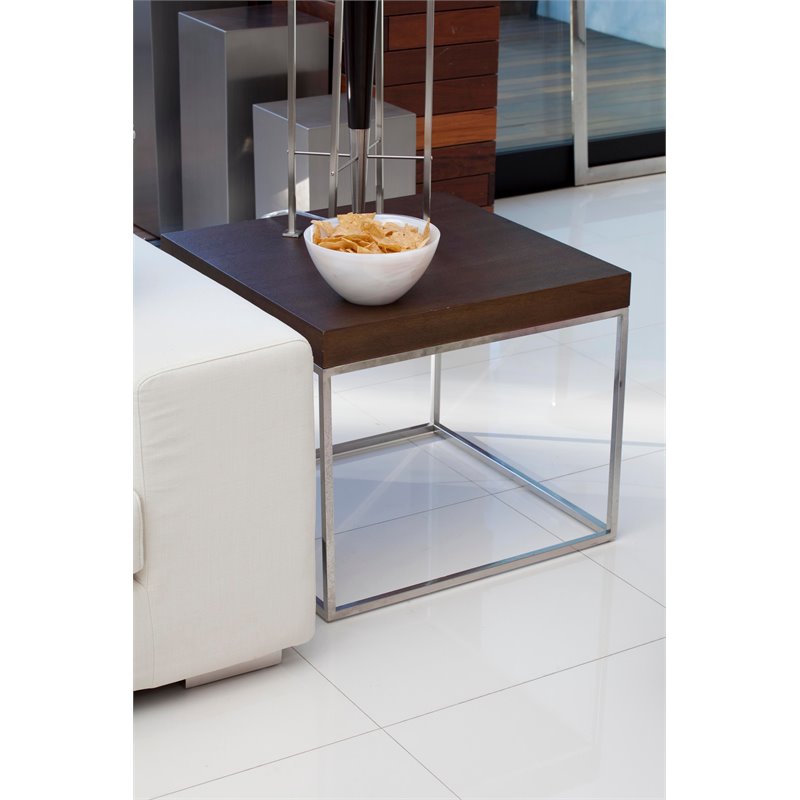 Pangea Home Fred Modern Wood Veneer & High Polished Steel Side Table in Espresso