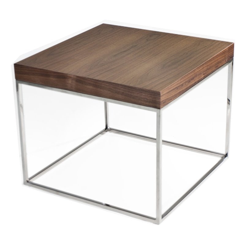 Pangea Home Fred Modern Wood Veneer & High Polished Steel Side Table in Walnut