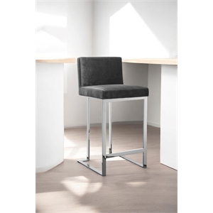 Pangea Home Dexter 26&quot Modern Velvet & High Polished Steel Counter Stool in Gray