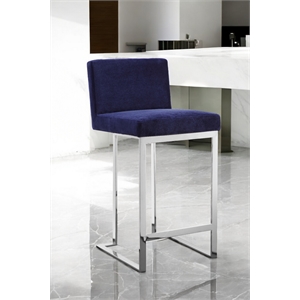 Pangea Home Dexter 26&quot Modern Velvet & High Polished Steel Counter Stool in Navy