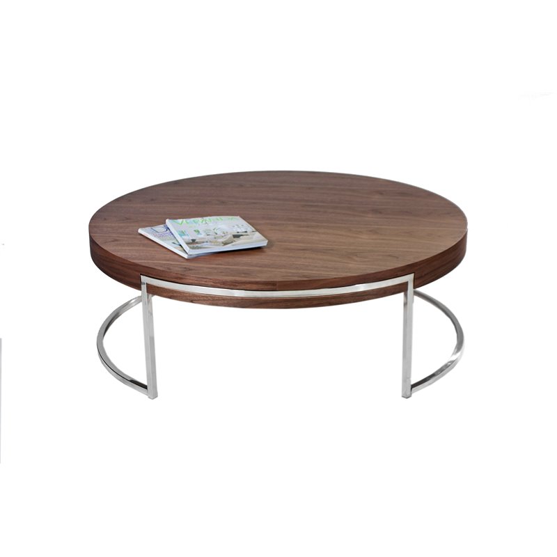 Pangea Home Riso Modern Wood Veneer & High Polished Steel Coffee Table in Walnut