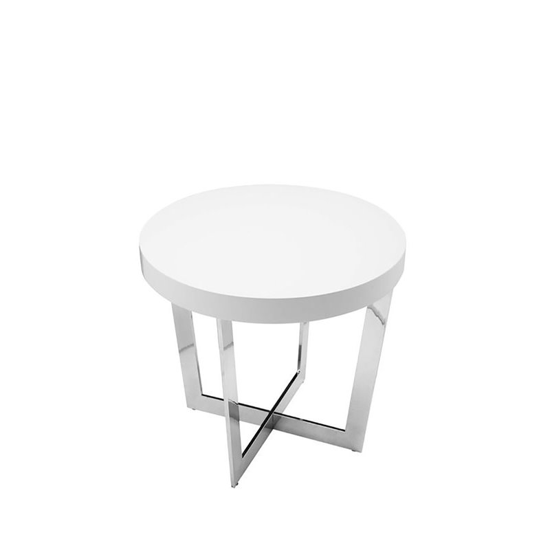 Pangea Home Oyster Gloss Lacquer & High Polished Steel Metal Side Table in White