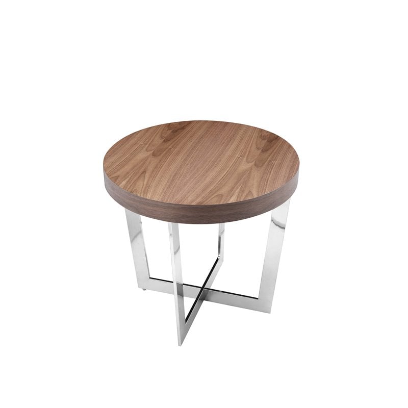 Pangea Home Oyster Modern Wood Veneer & High Polished Steel Side Table in Walnut