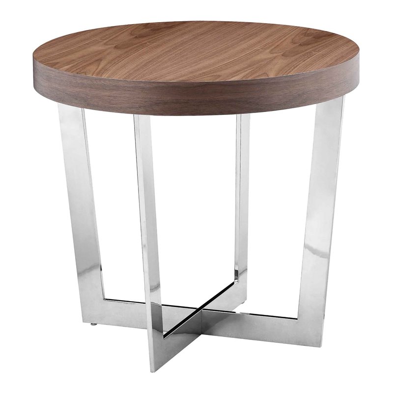 Pangea Home Oyster Modern Wood Veneer & High Polished Steel Side Table in Walnut