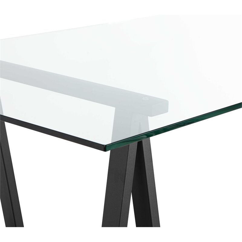 Pangea Home Brady Polished Steel Metal & Glass Desk in Black Frame/Clear Top