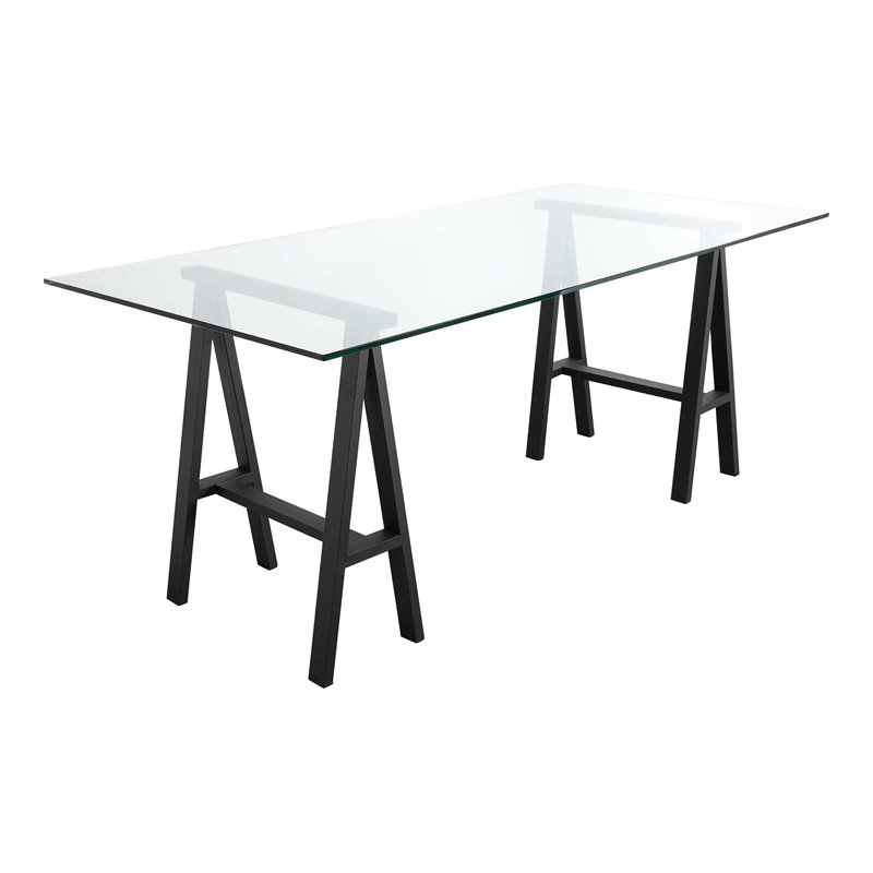 Pangea Home Brady Polished Steel Metal & Glass Desk in Black Frame/Clear Top