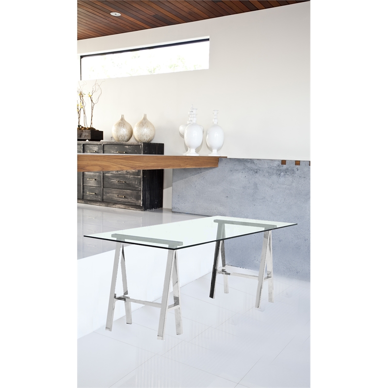 Pangea Home Brady Modern Polished Steel Metal and Tempered Glass Desk in Clear