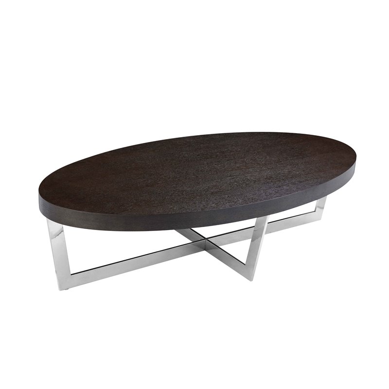 Pangea Home Oyster Modern Wood Veneer & Polished Steel Coffee Table in Espresso