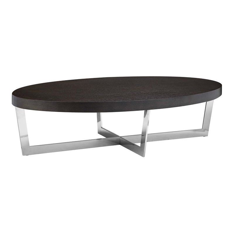 Pangea Home Oyster Modern Wood Veneer & Polished Steel Coffee Table in Espresso