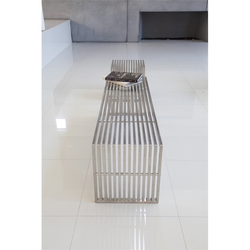 Pangea Home Lux Rectangular Modern Brushed Steel Metal Bench in Silver