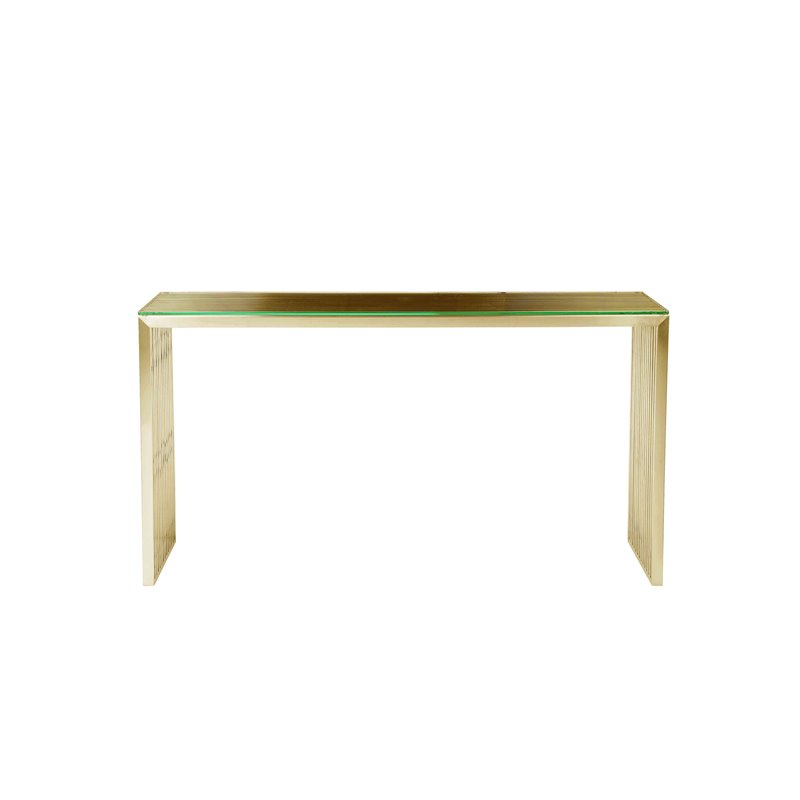 Pangea Home Lux Modern Brushed Steel Metal and Glass Console Table in Gold