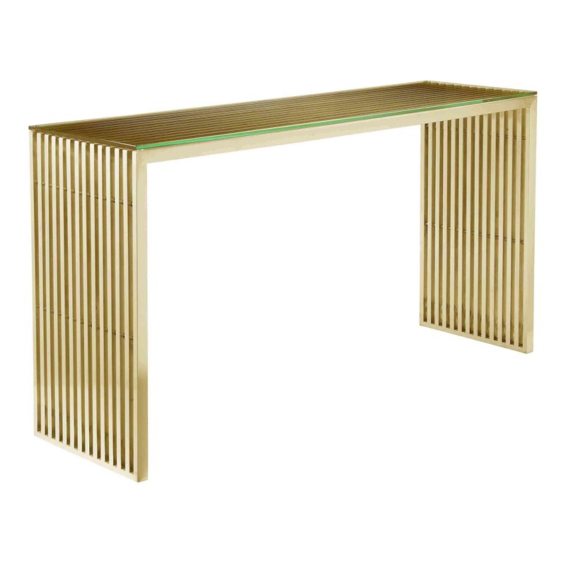 Pangea Home Lux Modern Brushed Steel Metal and Glass Console Table in Gold