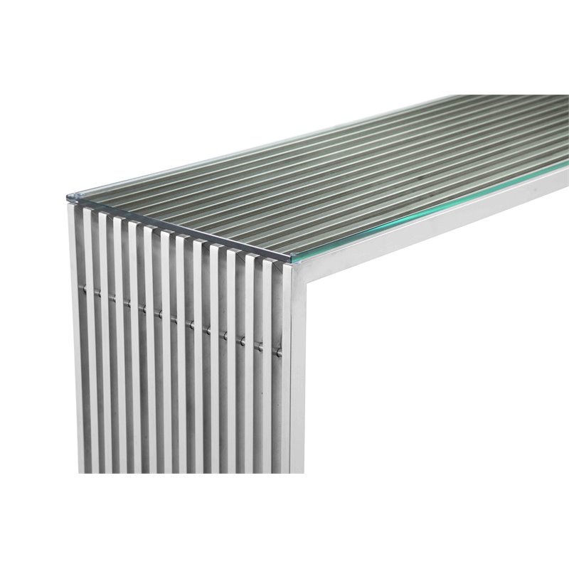Pangea Home Lux Modern Brushed Steel Metal and Glass Console Table in Silver