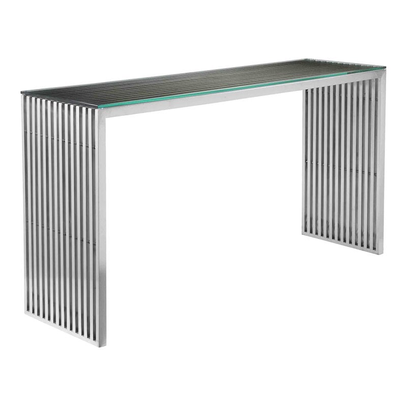 Pangea Home Lux Modern Brushed Steel Metal and Glass Console Table in Silver