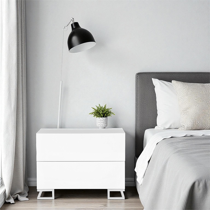Pangea Home Harper Gloss Lacquer & Polished Steel Metal Night Stand in White