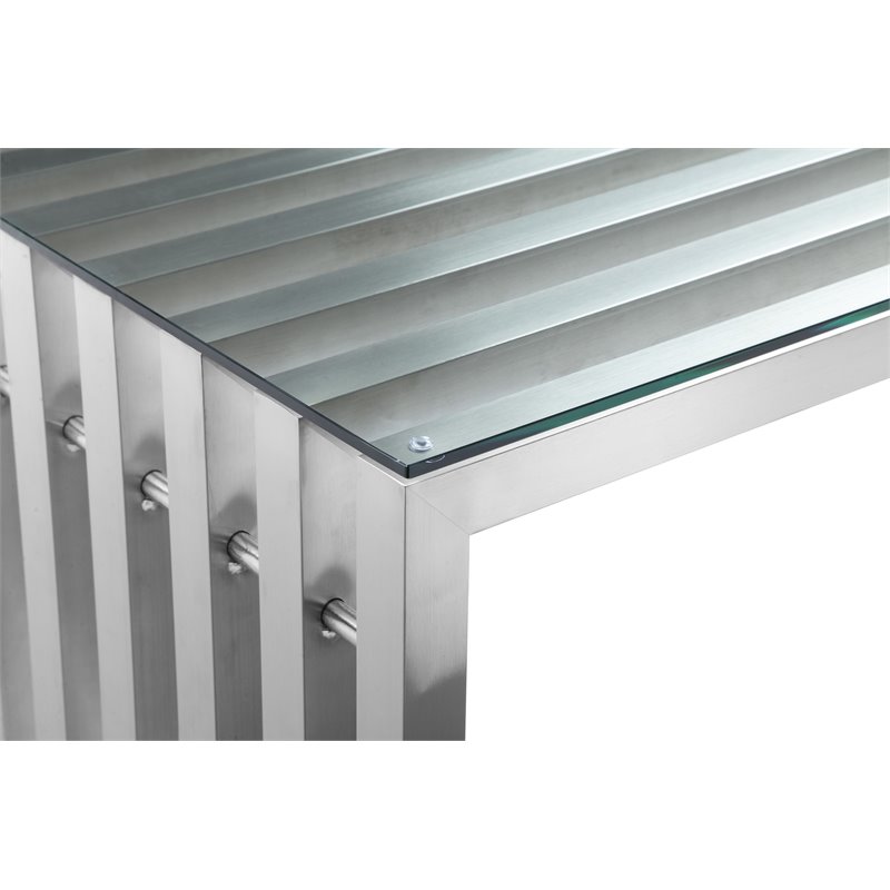 Pangea Home Vlad Modern Brushed Steel Metal & Tempered Glass Desk in Silver