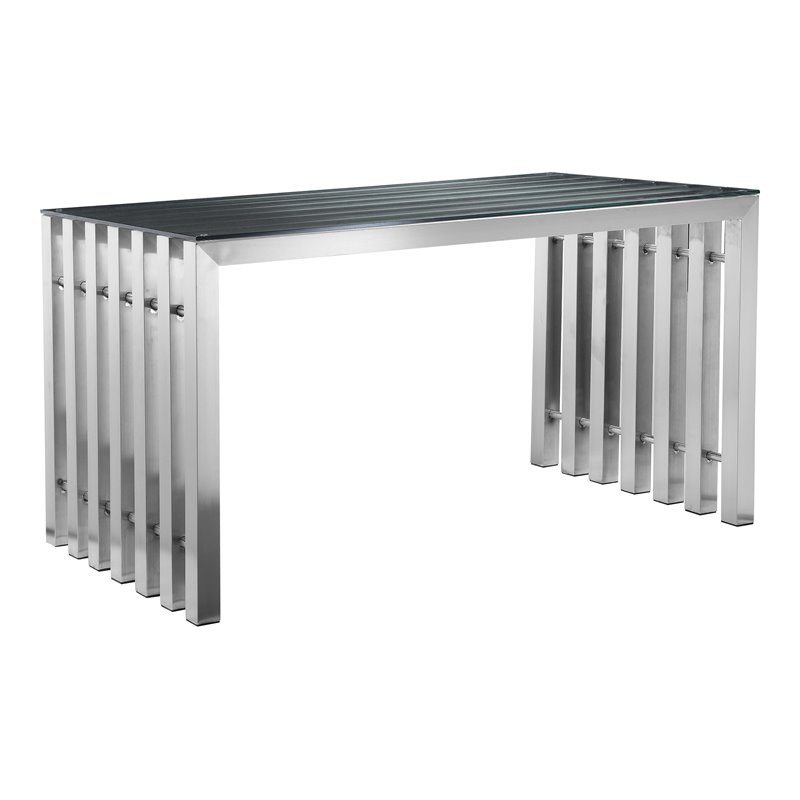 Pangea Home Vlad Modern Brushed Steel Metal & Tempered Glass Desk in Silver