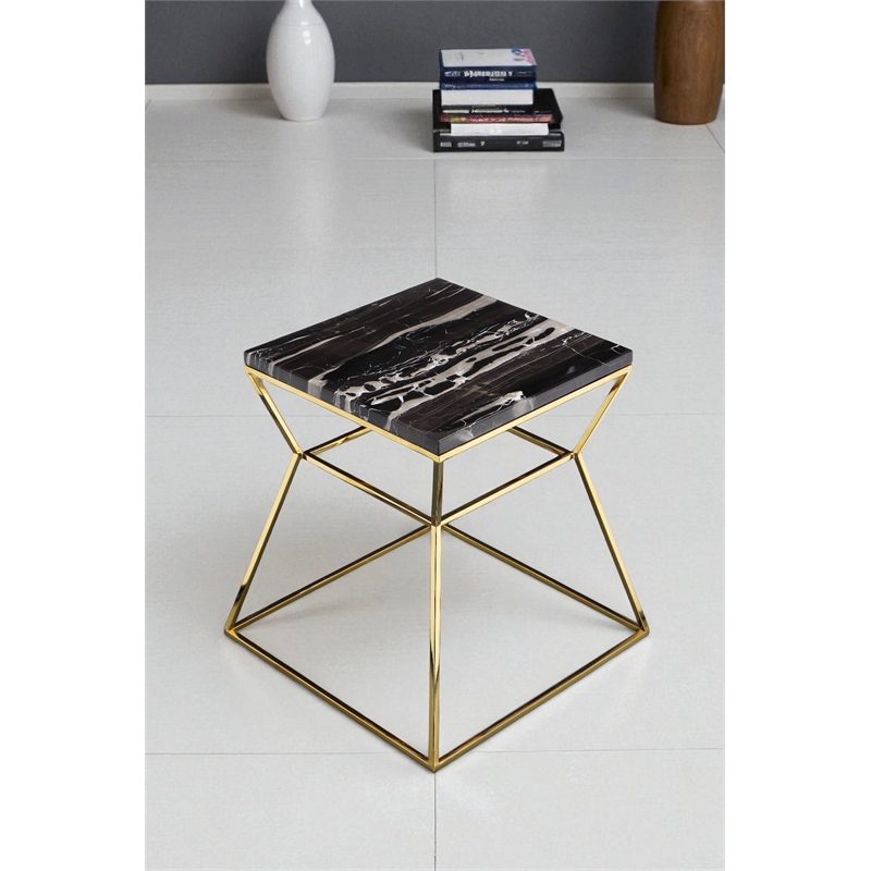 Pangea Home Geo Modern Marble & Steel Side Table in Black & Gold