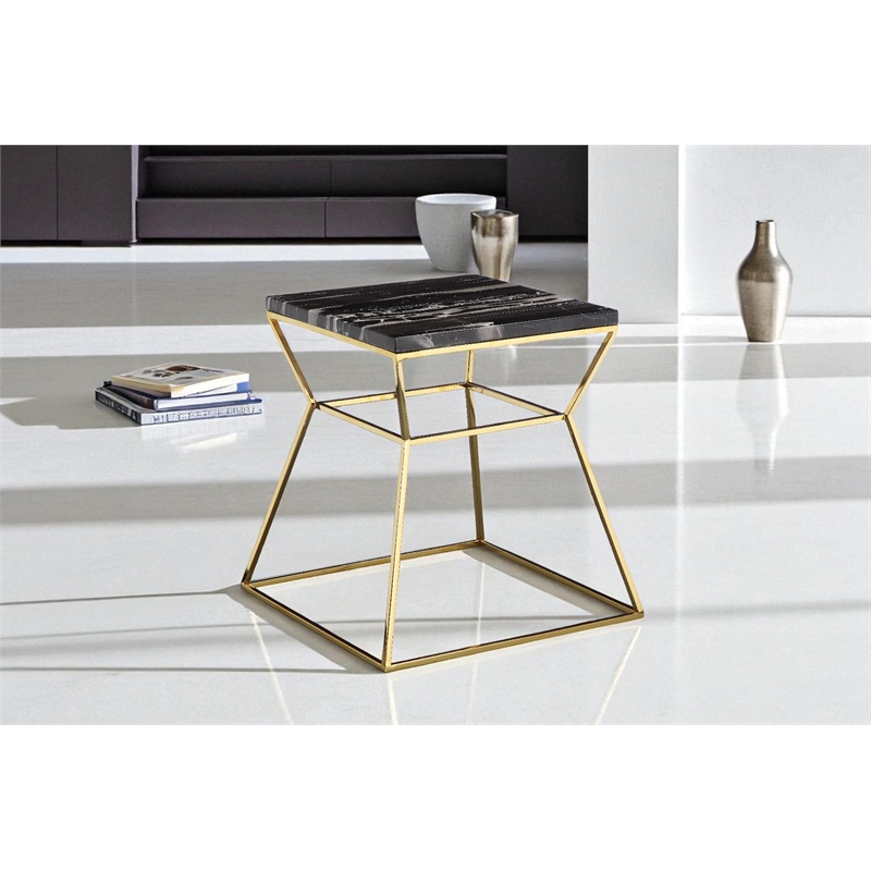 Pangea Home Geo Modern Marble & Steel Side Table in Black & Gold