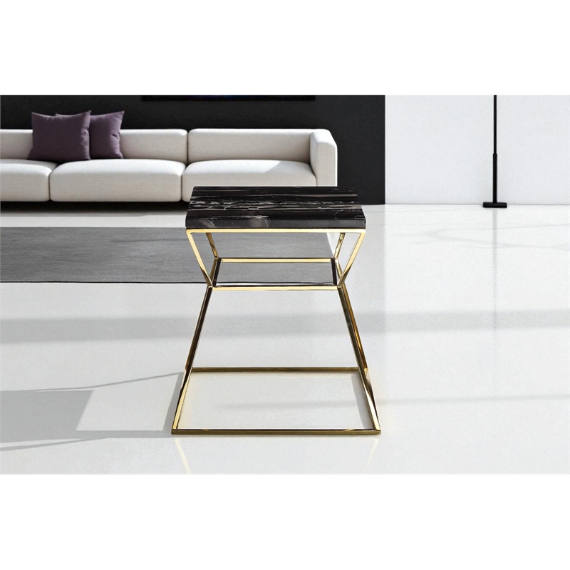 Pangea Home Geo Modern Marble & Steel Side Table in Black & Gold