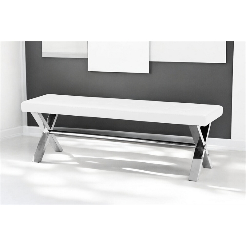 Pangea Home Beverly Modern Faux Leather & High Polished Steel Bench in White